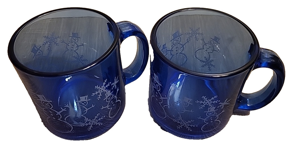 Lot of 2 Cobalt Blue Snowman Snowflake Glass Coffee Mug Cup Made in USA VTG